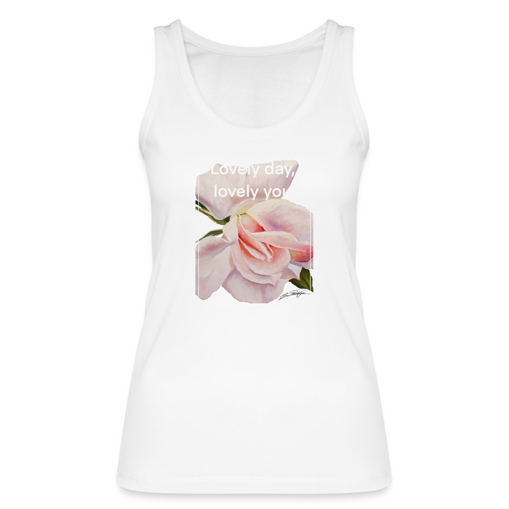 Rose Rose Clair Art print on Women’s top 100% Organic Coton - white